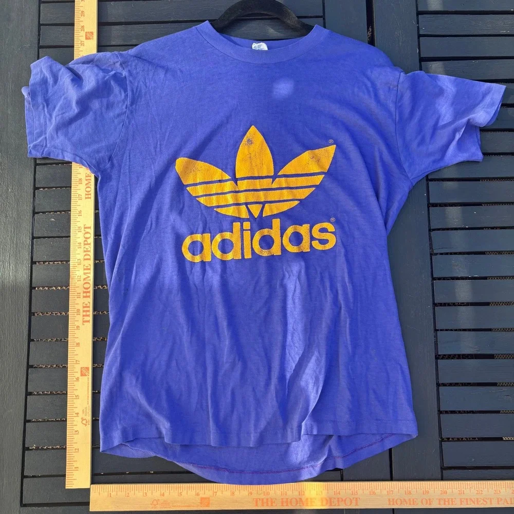 80s Adidas Graphic T-Shirt Mens L Purple Vintage Made in USA Trefoil Distressed